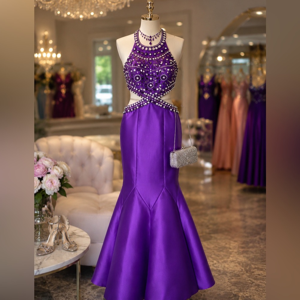 Rachel Allan Deep Purple Sequined Top Formal Gown. Fits like 4